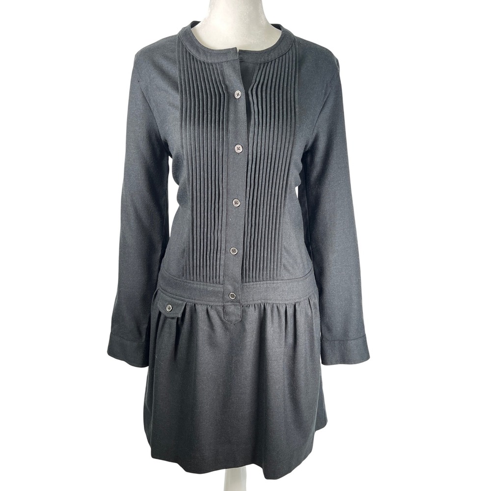 JCrew Charcoal Grey Pleated Bib Drop Waist Long Sleeve Mini Dress Wool Blend M